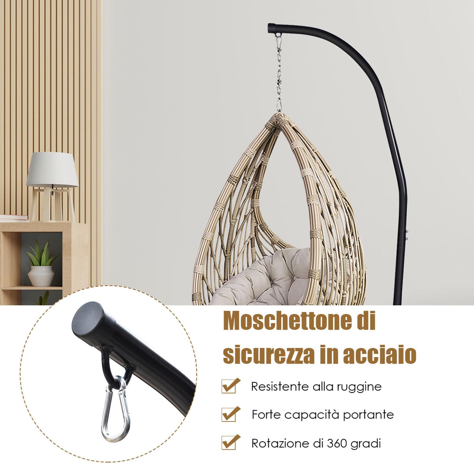 COSTWAY Supporto per Amaca a Sedia a Forma di C, Sostegno per Sedia in Acciaio, Carico Massimo di 150 kg, Nero (Solo Telaio, Senza Amaca a Sedia)