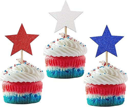 Decoración para cupcakes del 4 de julio, diseño de estrella roja, azul y blanca, con purpurina patriótica, decoración de fiesta conmemorativa del