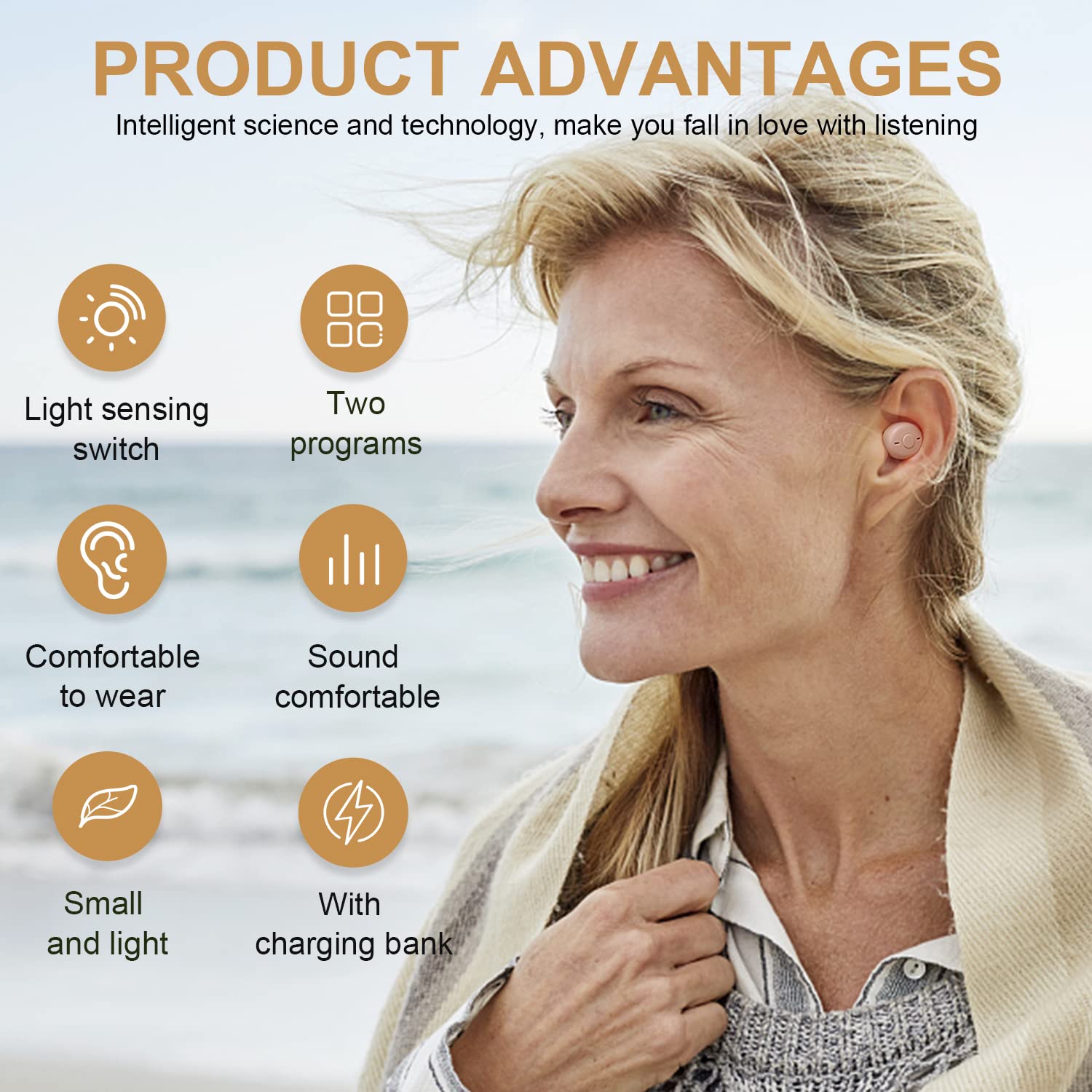 Rechargeable Hearing Aids for Seniors Adults, Two Noise Reduction Modes, Large-Capacity Charging Case, Comfotable and Invisible, OTC (Beige)