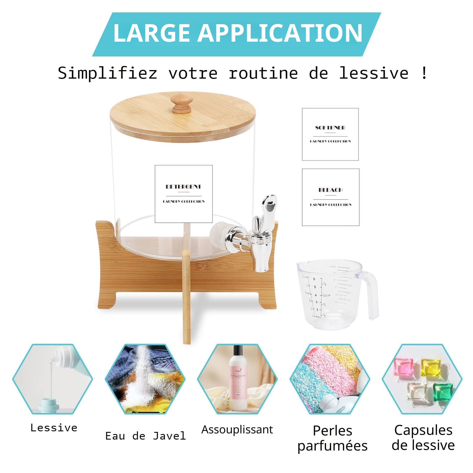 2,5L Distributeur Lessive Liquide avec Robinet, Distributeur de Détergent à Lessive avec Couvercle, Support en Bois et Tasse à Doseur, Contenant Lessive Liquide Boîte de Rangement pour Détergents