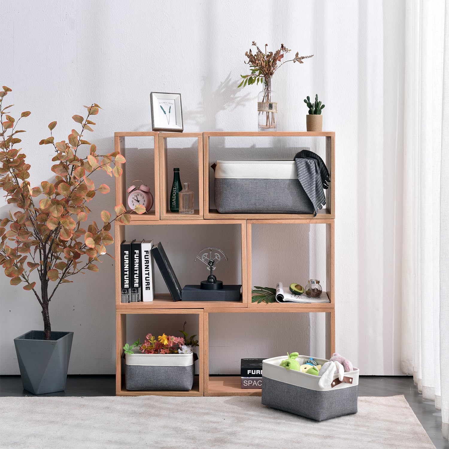 Mangata cajas de almacenamiento de tela para ropa, juguetes, cestas de almacenamiento decorativas con asas de piel sintética, gris frío(Extra grande, Paquete de 4)