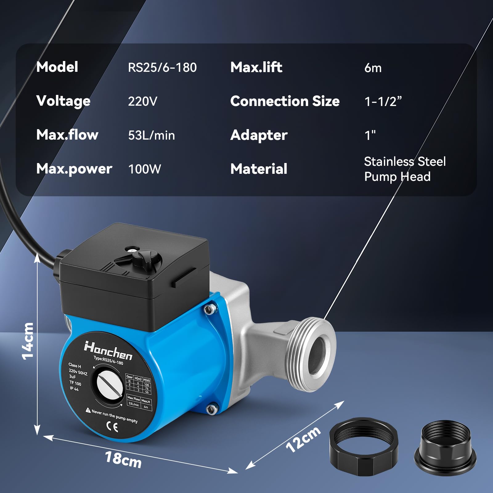 Hanchen Pompa di circolazione per riscaldamento a 3 marce, in acciaio inox, 25-60/180, pompa di circolazione per acqua calda 220 V