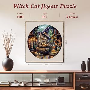 Jigsaw Puzzles for Adults 1000 Pieces Witch Cat Puzzle Round Challenging Animal Puzzle Gifts for Game Night Room Decor 14+