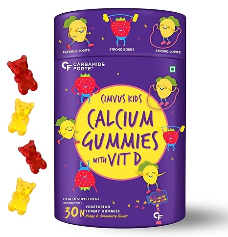 Carbamide Forte Calcium with Vitamin D Gummies for Kids | Calcium Gummies for Kids for Stronger Bones, Joints & Teeth & Immunity - Mango & Strawberry Flavour - 30 Veg Gummies