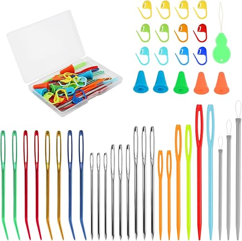 Juego de 42 agujas de hilo, agujas de ganchillo, marcadores de tejer coloridos, agujas romas de ojo grande, aguja de lana para tapicería, para coser