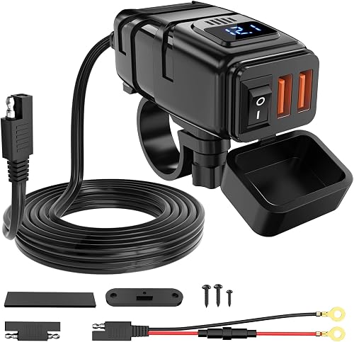 Motorcycle Charger with 12V Voltmeter Independent On Off Switch SAE USB Adapter Inline 10A Fuse Waterproof 6.8A Dual QC3.0 Fast Charging Phone Tablet for 7/8inch Handlebar ATV.