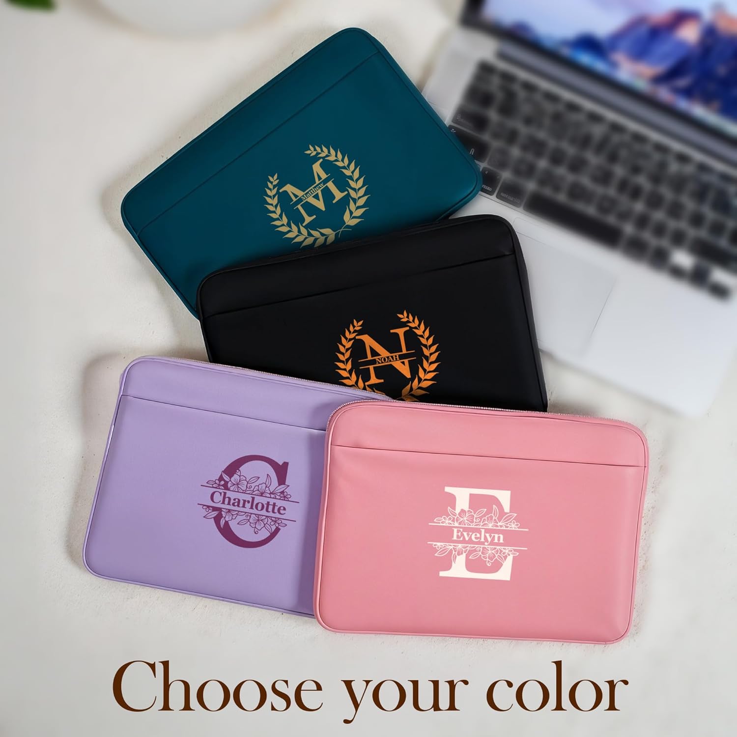 Personalized Laptop Sleeve with Custom Name and Initial, Lightweight Slim Padded Case with Zipper for School Travel Office, Protective Computer Cover for Daily Use- 15.6'', Cyan