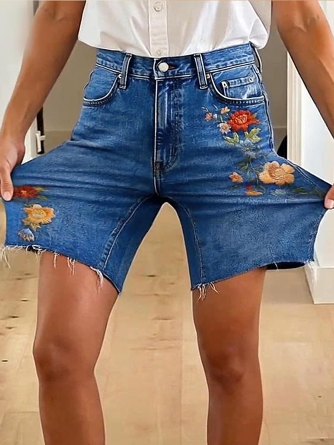 Flamingals Mid Rise Denim Bermuda Shorts for Women Wash Floral Embroidery Loose Fit Casual Summer Jean Shorts with Pockets