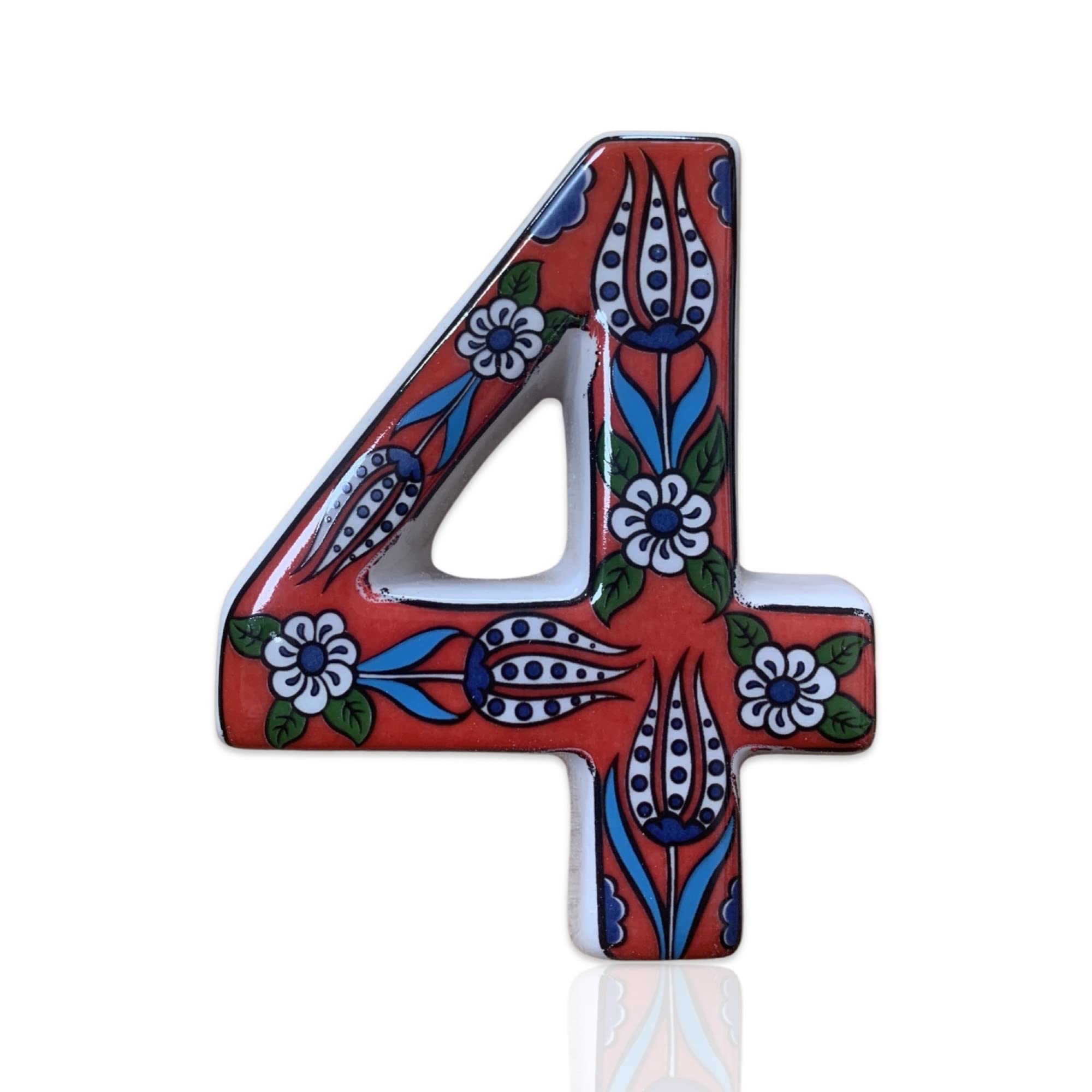 SPIRIT HOME INTERIORS - Handmade Mediterranean Style 3D Ceramic Outdoor House Number Door Sign Address Plaque (Red, Number:4)