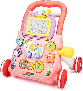 Gloryday Sit-to-Stand Learning Walker, 3 in 1 Push & Pull Toy, Sorting & Stacking Toys, Drawing Board for Toddlers, Pink