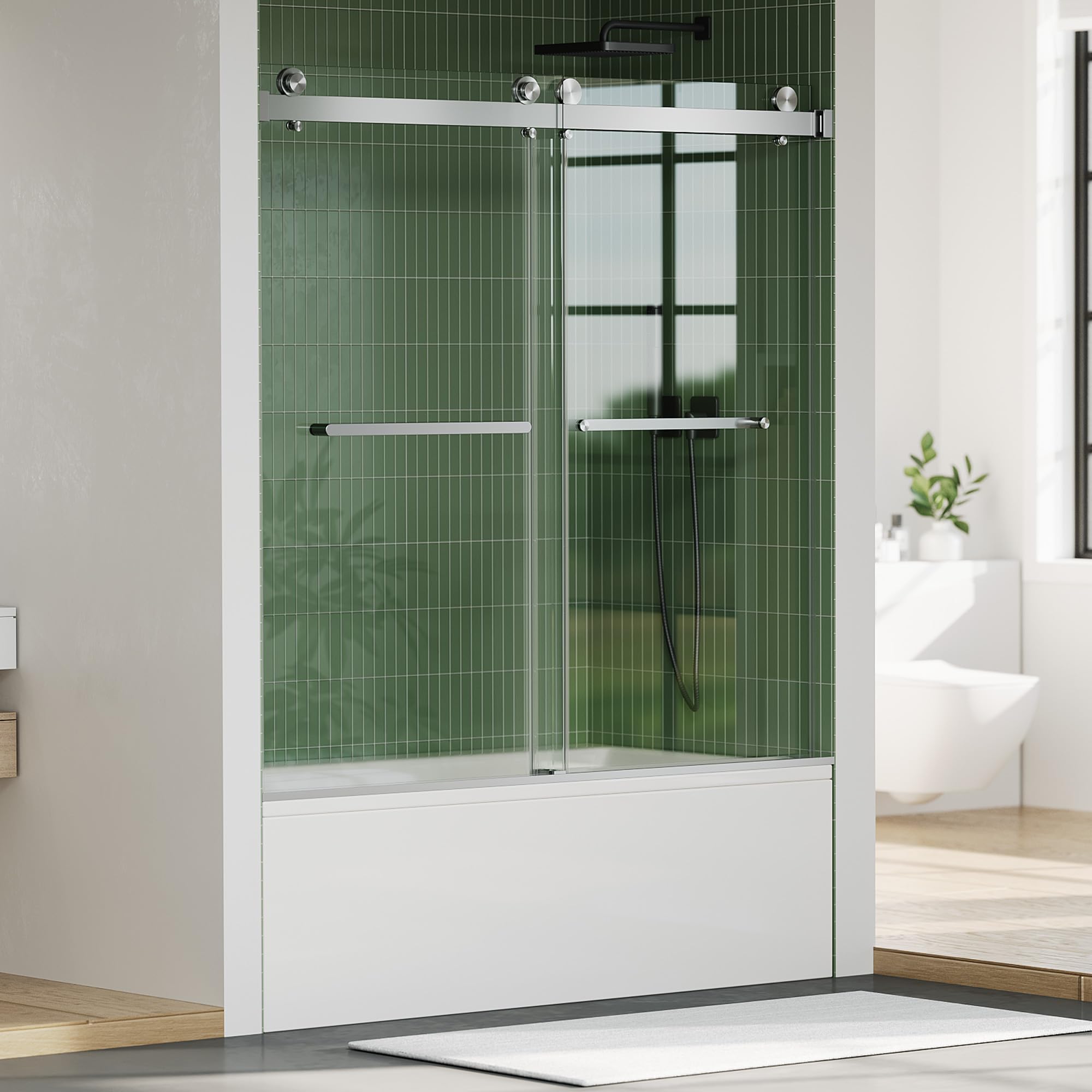 GarveeTech 56-60" W x 59" H Shower Doors, Frameless Shower Door, Sliding Glass with 1/4" (6mm) Clear Tempered Glass for Bathroom,Brushed Nickel