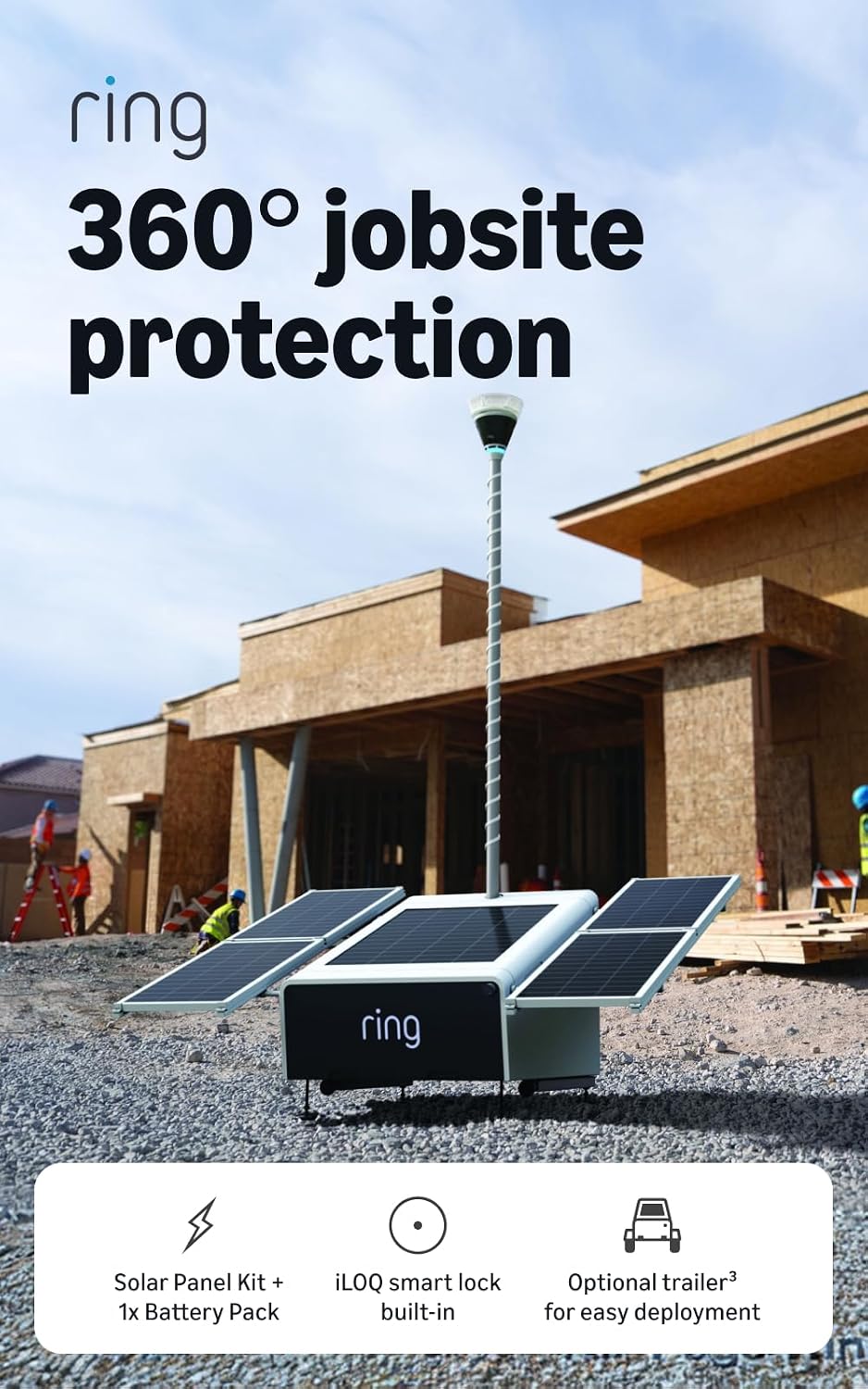 Ring Mobile Security Tower with iLOQ - Solar Kit + 1x Battery - Ring Elite 360 camera, Retinal 4K, jobsite security, solar power, backup battery, security trailer