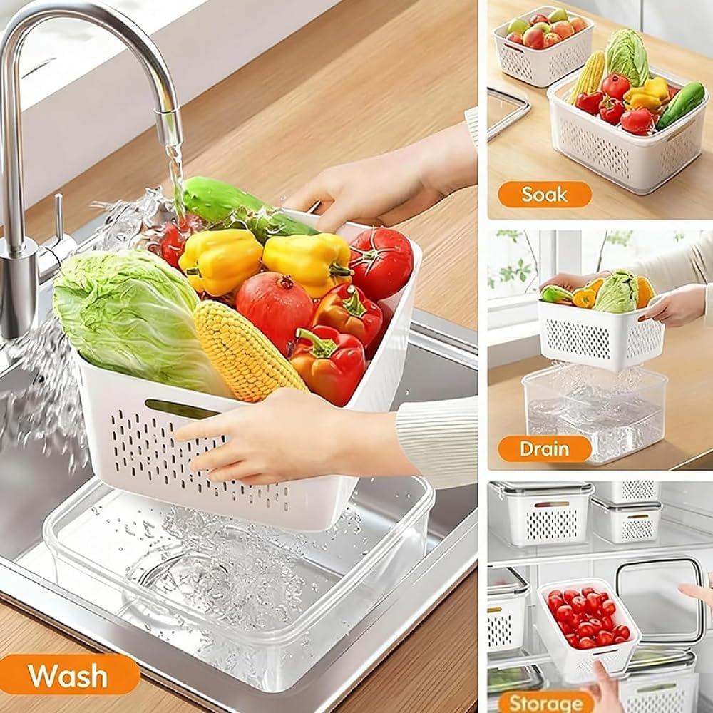 Fruit Storage Containers, 4 in 1 Food Storage Container, Household Transparent Plastic Food Storages Box-Including Drain Basket, For Vegetables & Kitchen Organization (Grey,S+M+L)