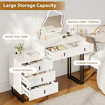 COSTWAY Dressing Table with Leaf-Shaped LED Mirror, Wooden Fluted Makeup Table Vanity Desk with 3-Color Lights, Adjustable Brightness, 5 Drawers, Side Cabinet & Metal Legs for Bedroom, White+Black
