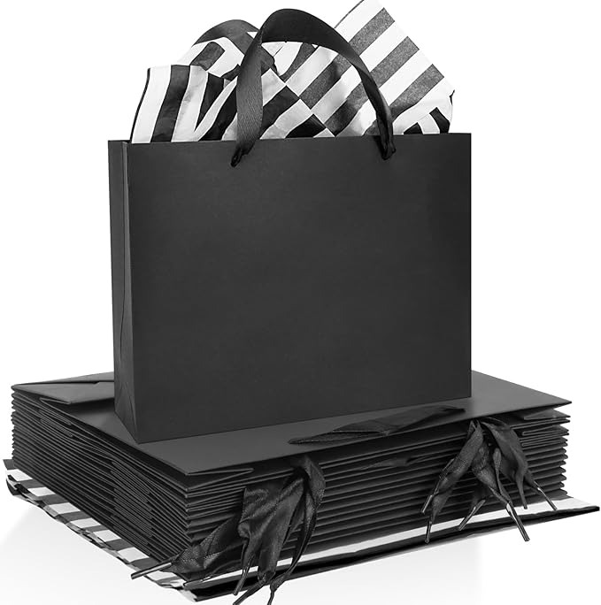 Rcybeo 15 Pack 10.6x3.1x8.3 Inch Black Gift Bags, Black