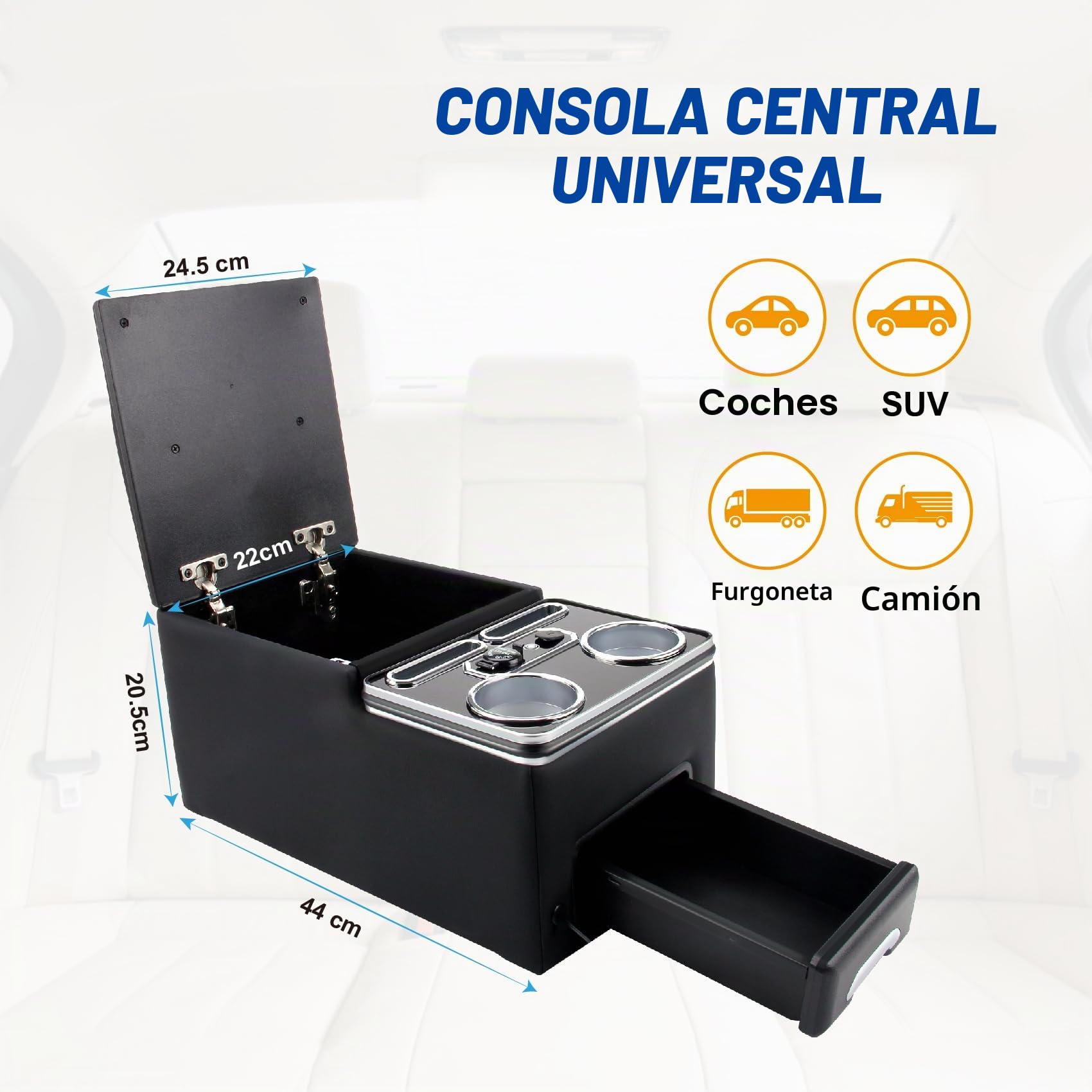 Consola central universal para coche con estantes, organizador con soporte para bebidas, puerto USB y 7 luces LED, compatible con autobús, camiones, furgonetas, SUV, asiento trasero y asiento