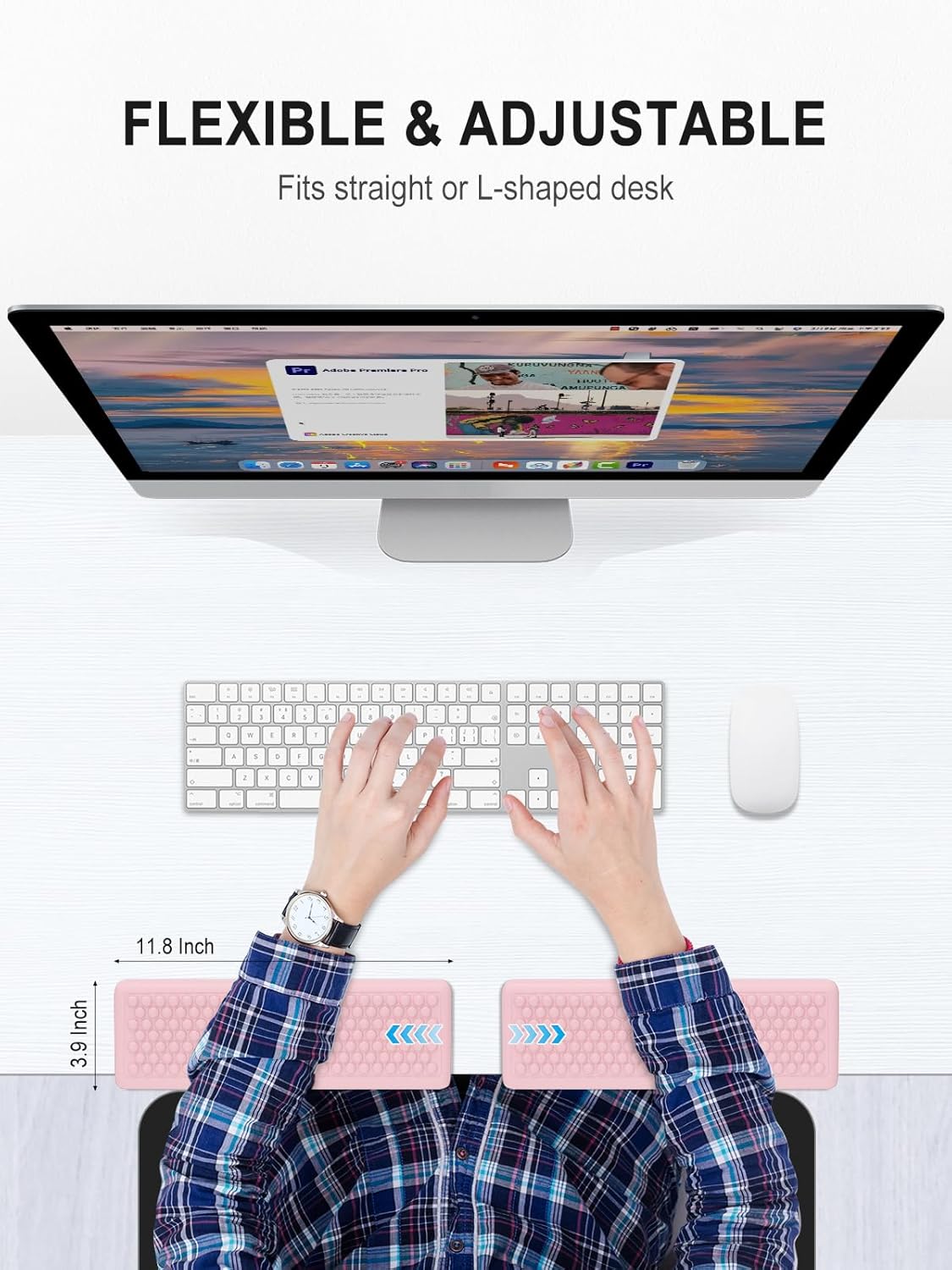 Hsurbtra L-Shaped Desk Elbow Pad, 2-Piece Soft Memory Foam Elbow Support Padding with Non-Slip Rubber Base, Ergonomic Desk Edge Cushion Wrist Rest for Office, Home, Work, Gaming, Pink