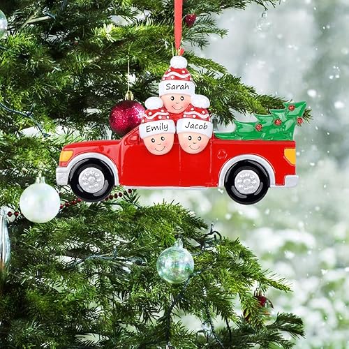 Miniatura 2 de Red Family - Adorno de camioneta – Familia de 3 comprando un árbol de Navidad – Adorno de Navidad personalizado para familia de 3 – Adorno familiar