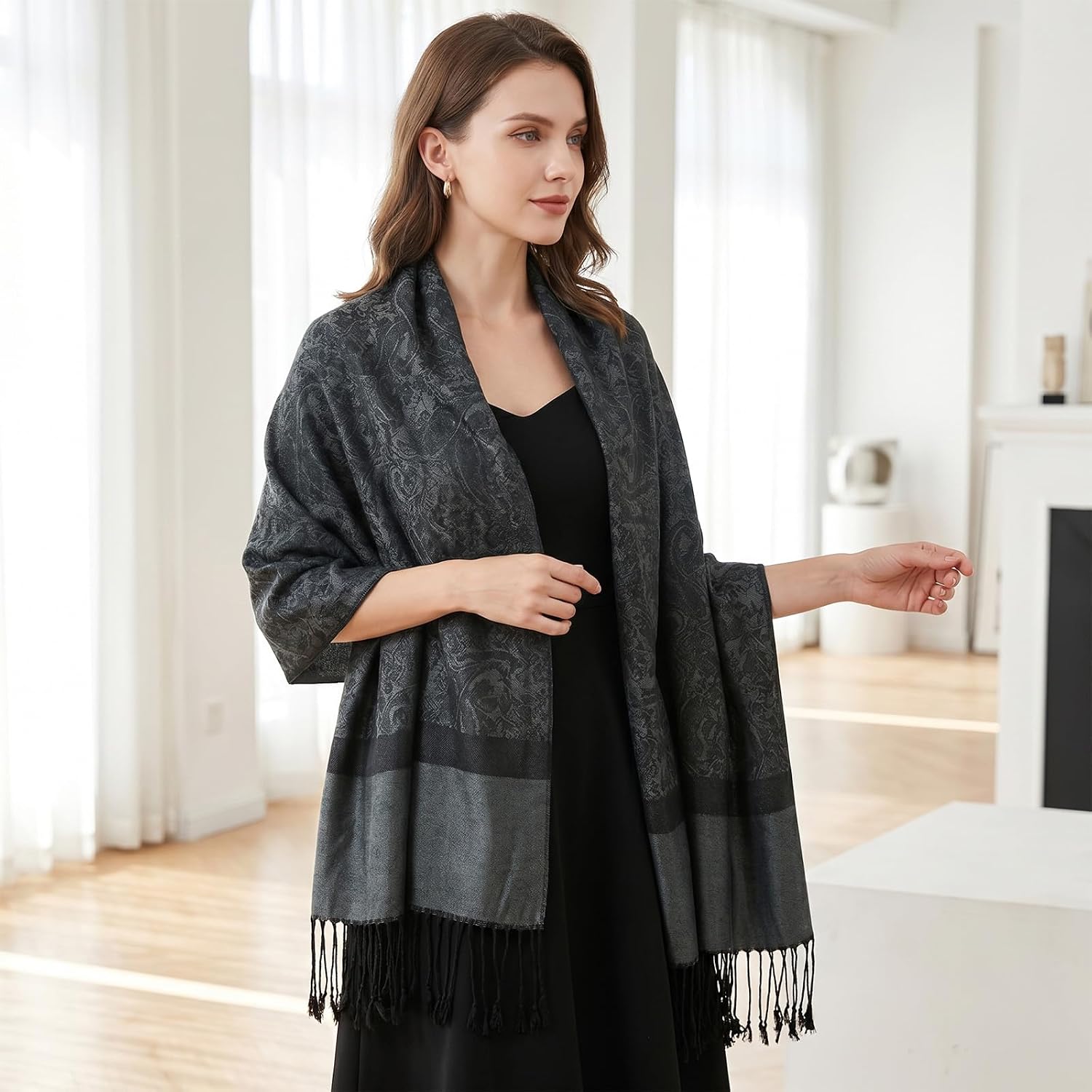 Reversible Paisley Pashmina Shawl Wrap Exotic Rave Pashmina Scarf for Women Wedding Party Travel Daily Wear Black