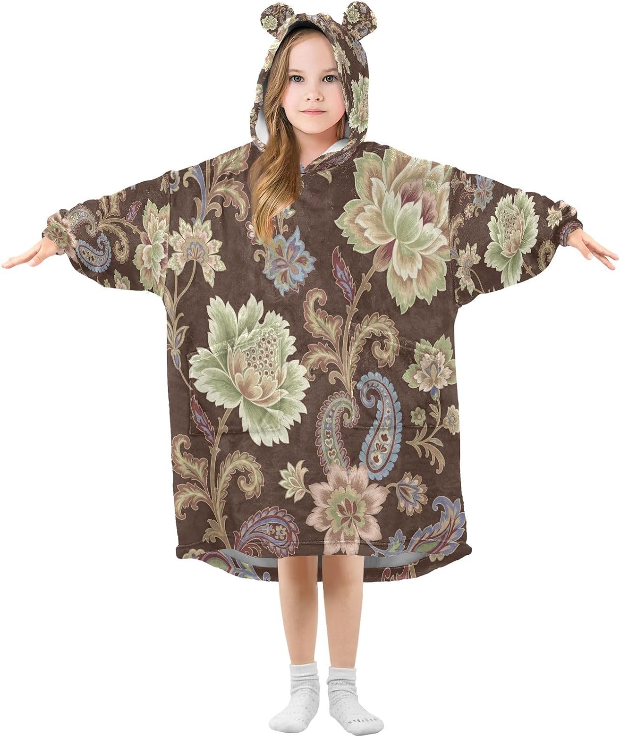 Kigai Vintage Flowers Wearable Blanket Hoodie for Kids Oversized Hooded Sweatshirt Flannel Blanket with Pocket