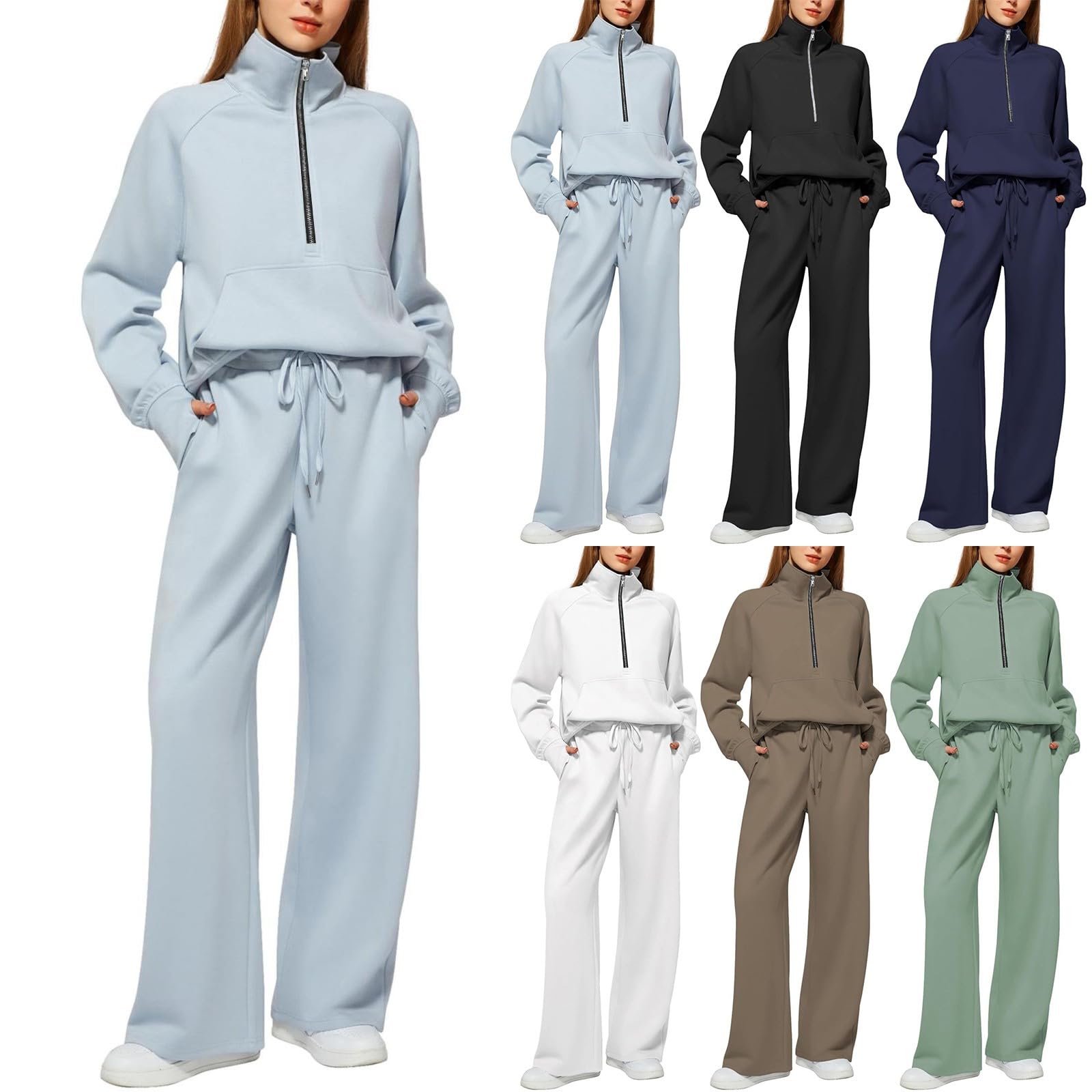 MJGkhiy Tuta Donna Sportiva Invernale Felpa con 1/2 Zip Senza Cappuccio e Pantaloni Tuta Gamba Larga Set Due Pezzi Completo Palestra Tinta Unita Sportivo Completi Eleganti Tute da Ginnastica Completa