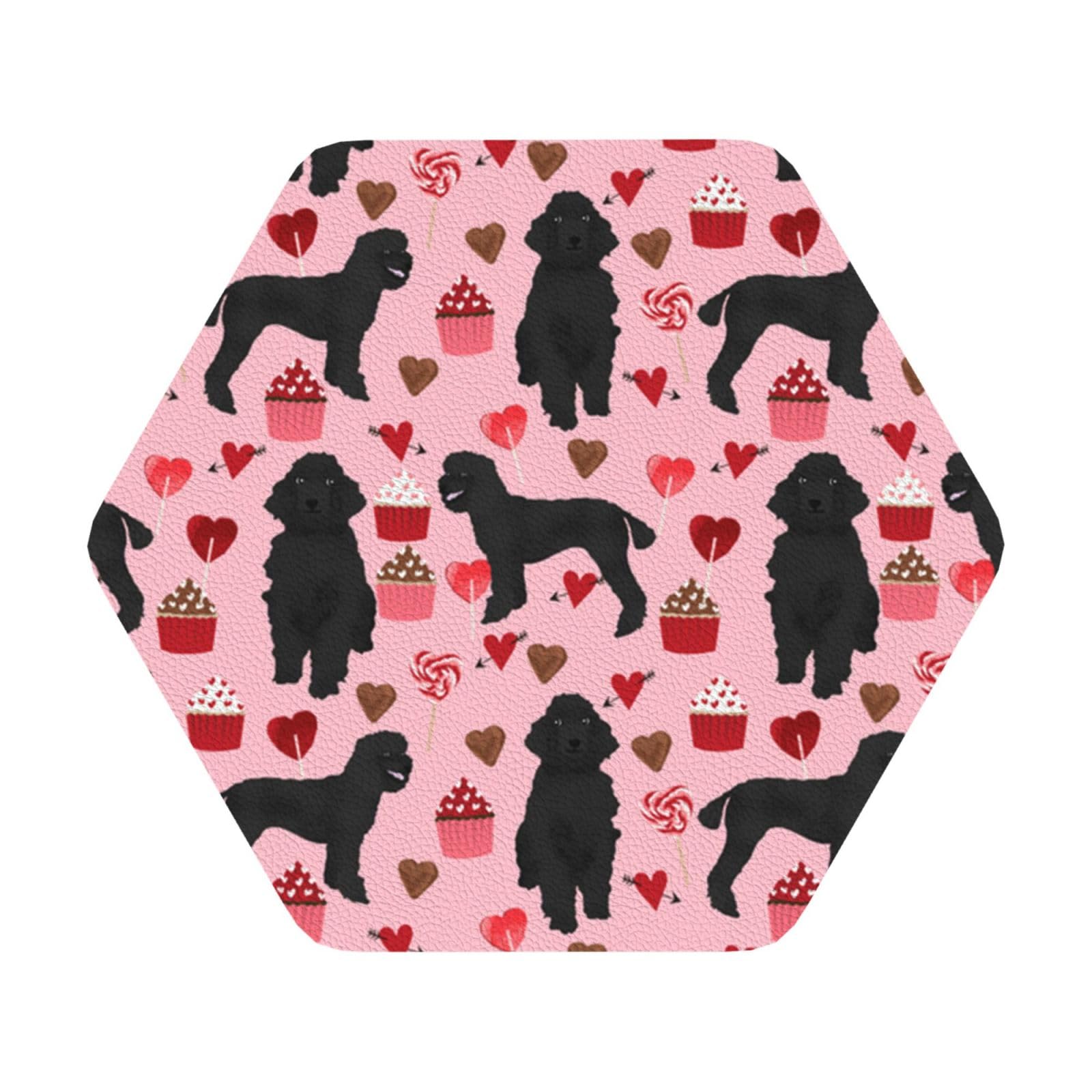 Pink Poodles Dogs PU Leather Coasters Set of 6 Hexagon Drink Coasters