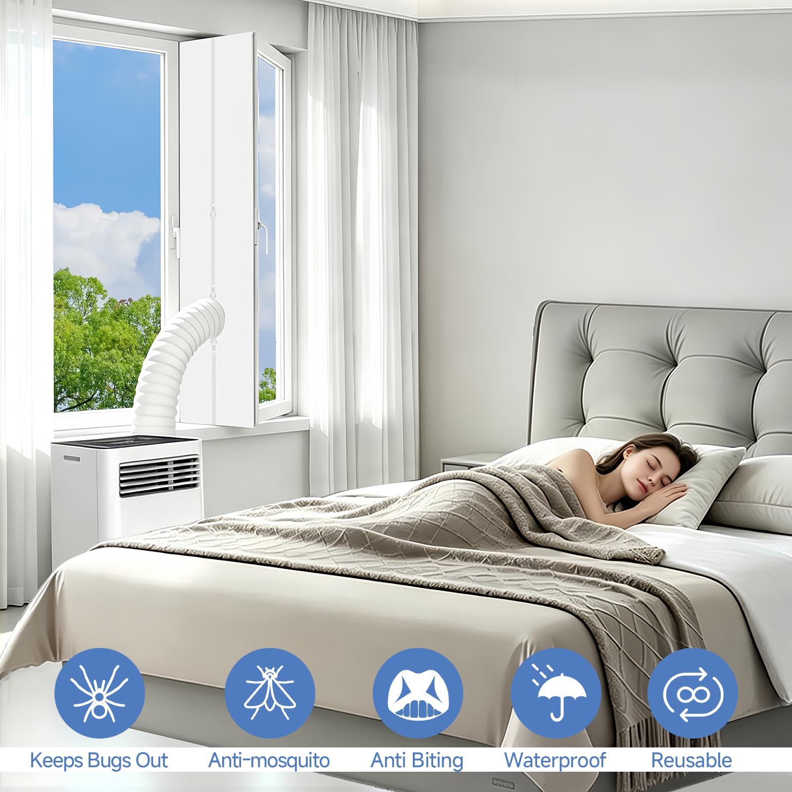 400 CM Guarnizione Finestra Condizionatore Portatile | Anti-Zanzare Efficace, Trattiene Il Freddo | Con Fascette e Nastro Magico InclusiCompatibile con Tutti I Condizionatori Mobili
