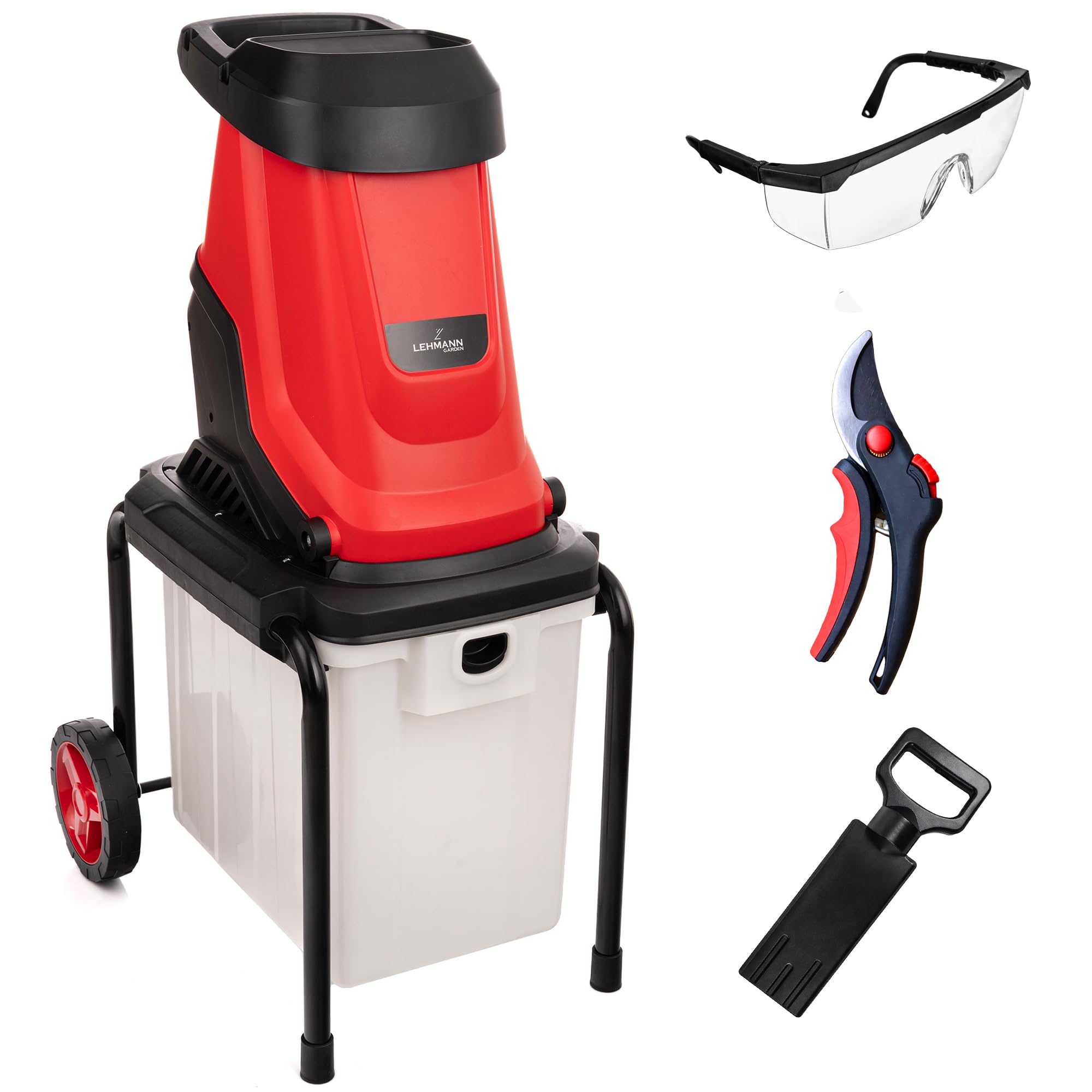 LEHMANN Elektro Gartenhäcksler, 3000 W, Messerhäcksler für Äste bis 45 mm, Laubhäcksler mit robustem Fahrgestell, Rädern und 50 L Fangbox, Holzhäcksler mit Zubehör, Sicherheitsschalter, Rot