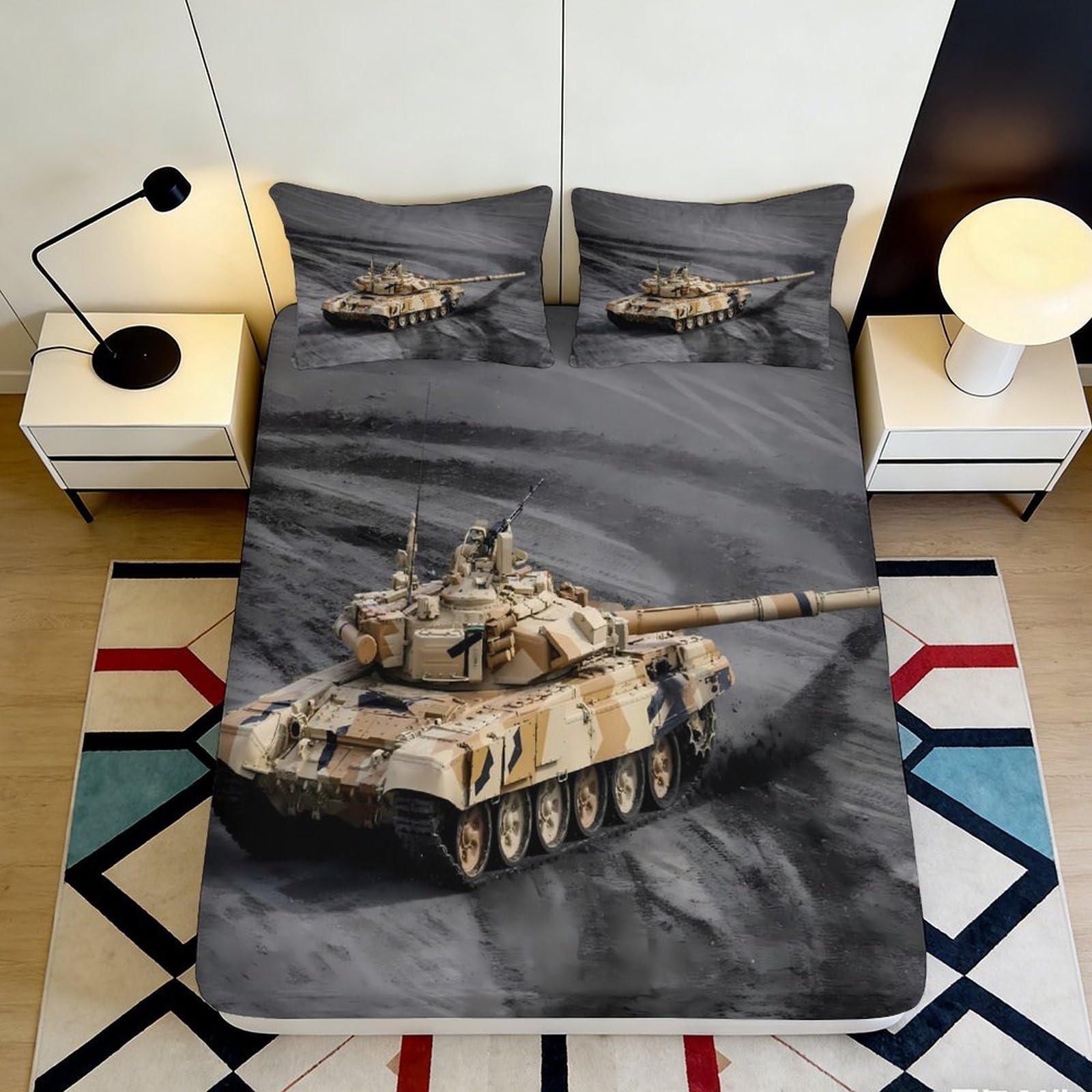 3D Printed Desert Tank Fitted Sheet Microfiber Durable 3D Printed Armored Vehicle Mattress Cover for Bedroom Dormitory Guest Room Protection 120x200x25cm