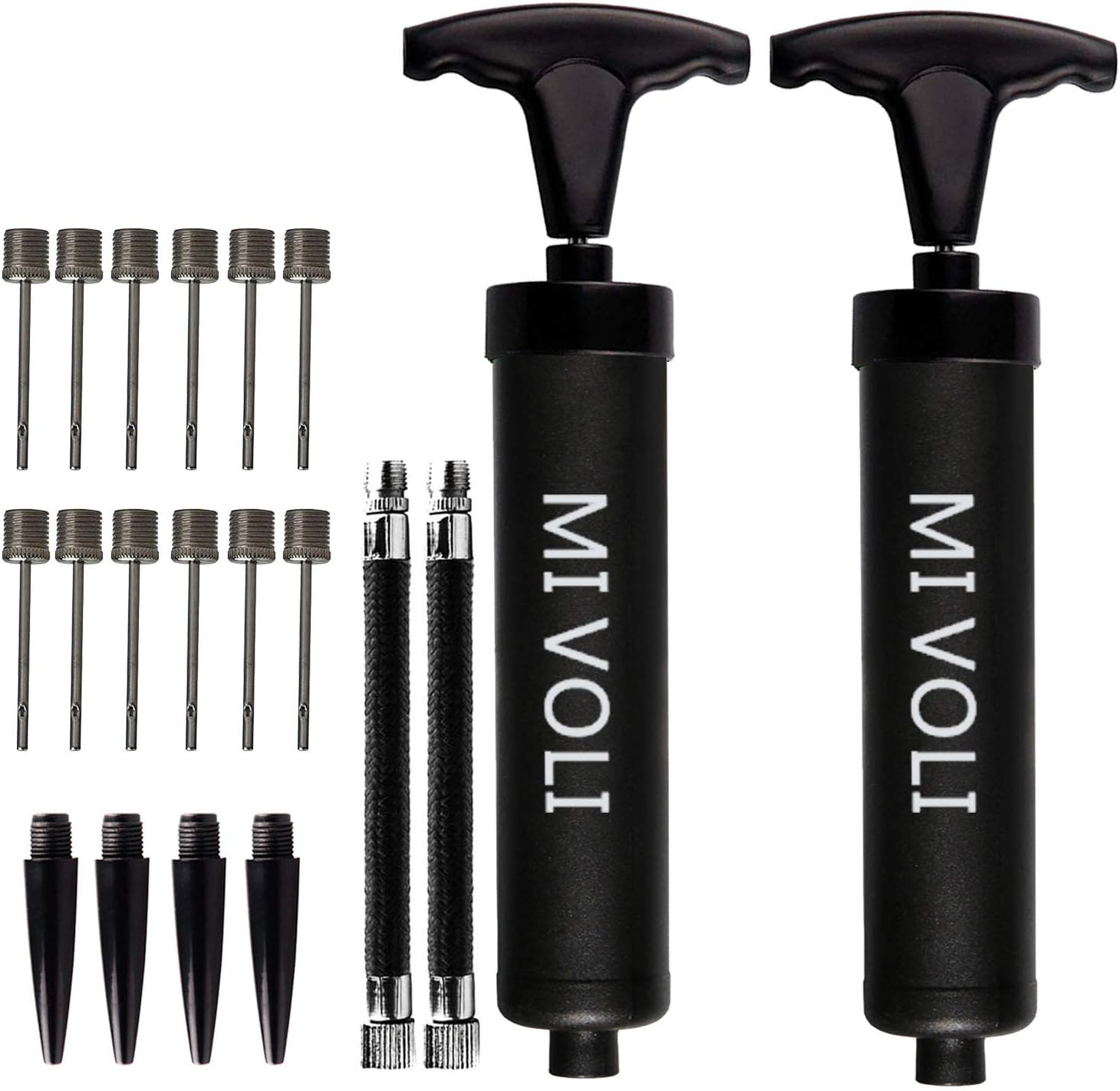 MIVOLI 8" Portable Hand Air Ball Pump Inflator Kit with Needle, Nozzle, Extension Hose for Soccer Football Basketball Volleyball Water Polo Rugby Balloon Swim Inflatables