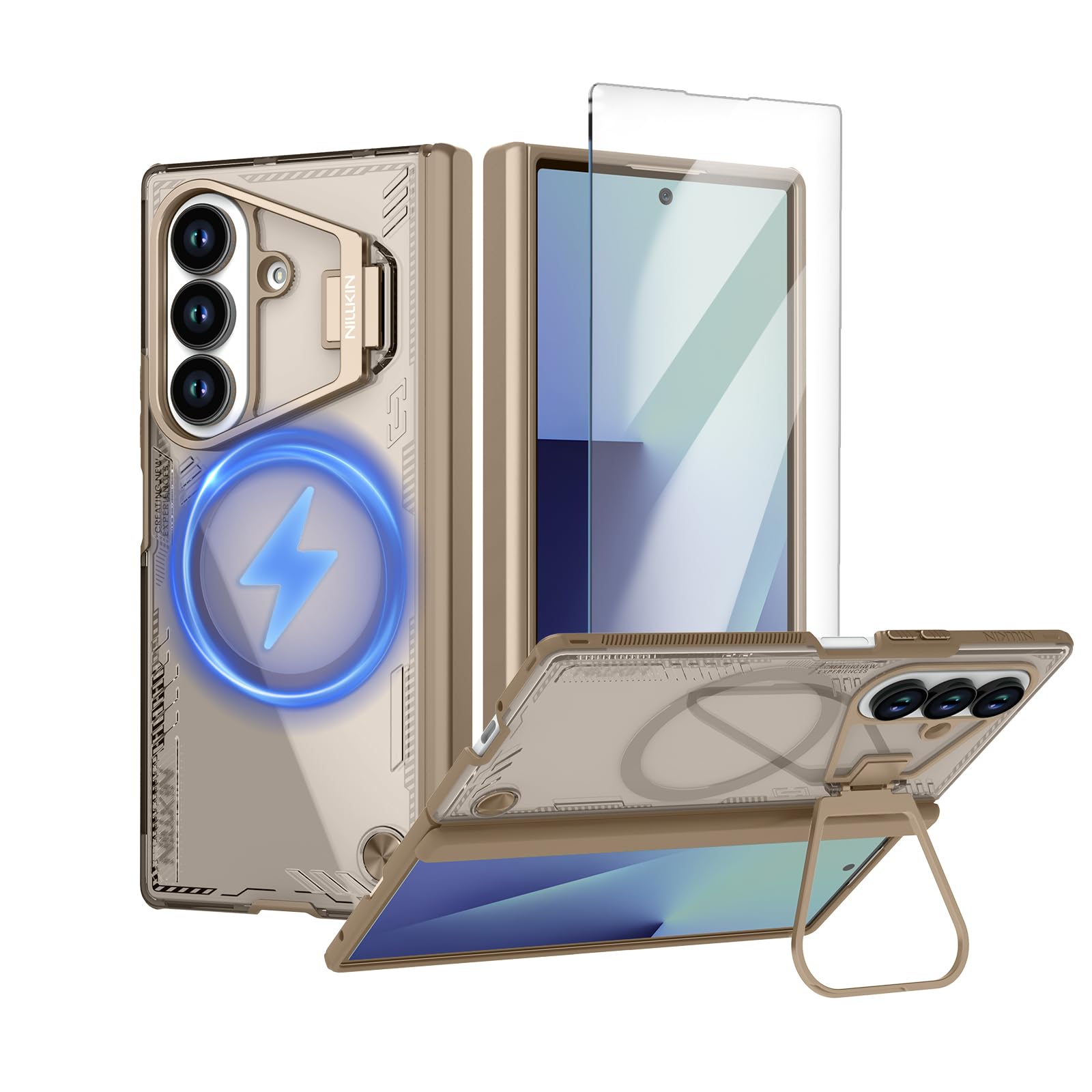 Nillkin Galaxy Z fold7ケース クリア 透明 強化ガラスフィルム付き スタンド機能 ヒンジ保護 Magsafe/MagFit対応 ワイヤレス充電対応 マグネット吸着 ギャラクシー Z Fold7 エコ素材 すり傷防止 薄型 上質 ビジネスに最適