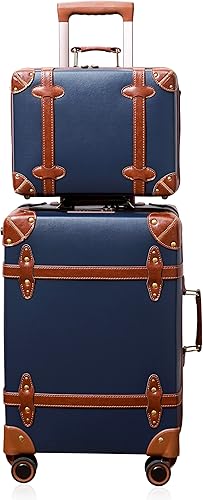 NZBZ Juego de 2 piezas de equipaje vintage, maleta giratoria ligera y rígida con cerradura TSA y 8 ruedas, Azul marino, 14inch & 28inch, Equipaje