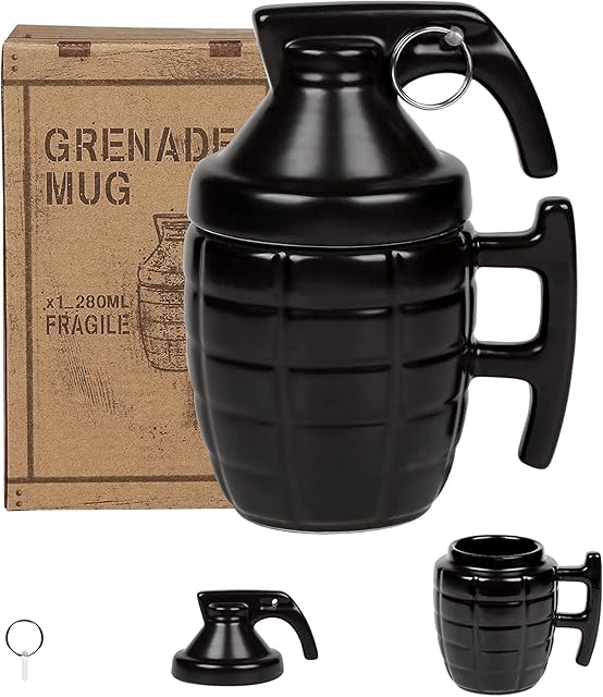 Hand Grenade Ceramic Coffee Mug,Water Cup with Lid,Novelty Office Mug, Creative Shaped Mug,Personalized Cup,Funny Home Bar Gift for Beer Lovers, Military Enthusiasts, Men and Women, 280ML (Style C1)