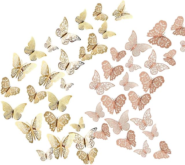 Seasonsky 3D Butterfly Wall Stickers Wall Decal Decor Art Decorations Sticker Removable Hollow Butterfly 3 Sizes for Room Home Classroom Offices Bedroom Decor, Rose gold and Gold