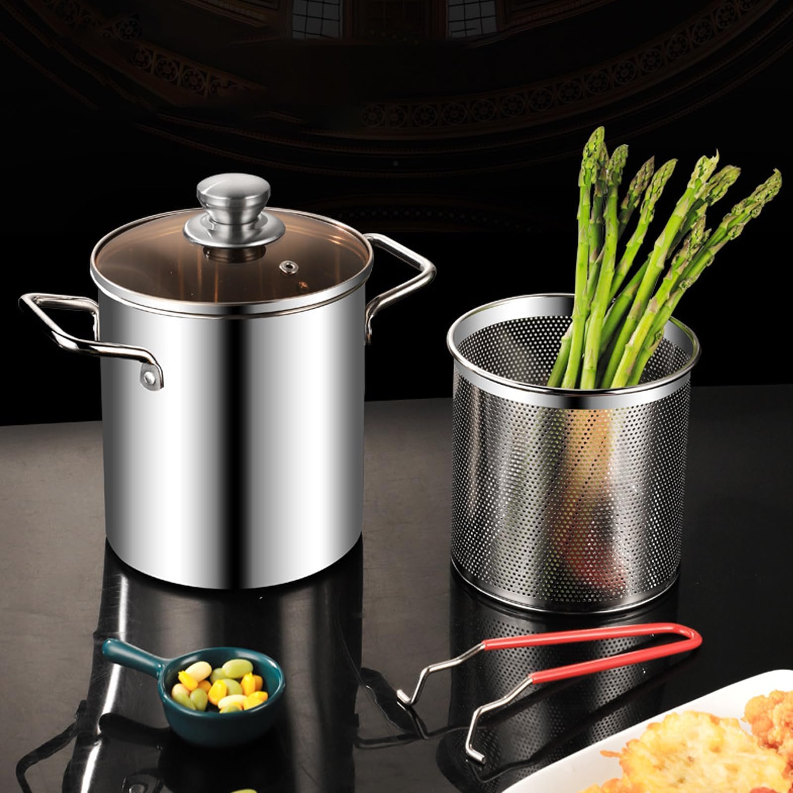 Pentola per asparagi in acciaio inox, 3 l, alta pentola, setaccio con manico, asparagus pot, pasta pot, friggitrice con pinze e vetro Lid, per una varietà di piani cottura e lavastoviglie