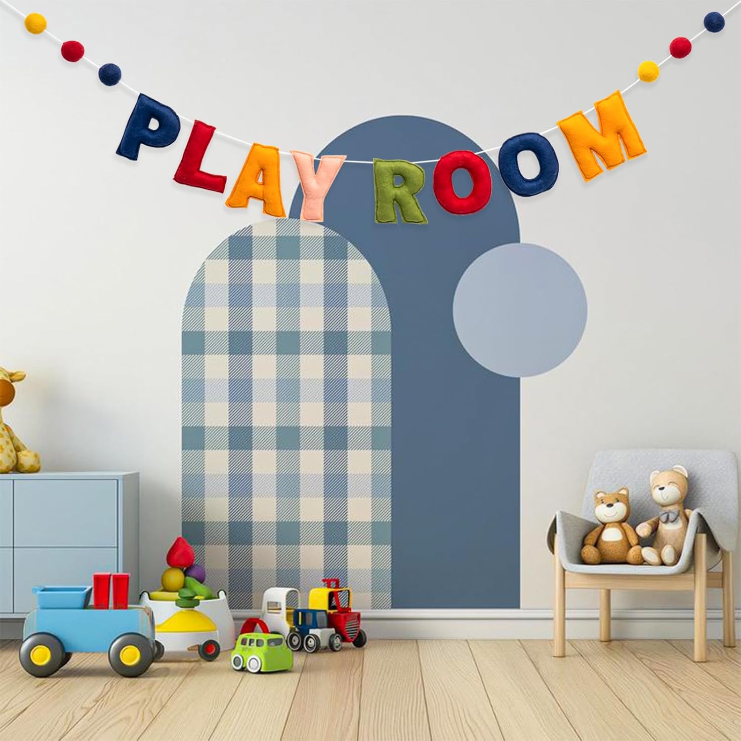 Pre-strung Felt Playroom Banner, Reusable play sign, Boho Playroom Wall Decor, Wool Felt Ball Garland, 3D Effect Playroom Sign Wall Letters for Toddler Girls Boys Kids Bedroom Nursery Room Decoration