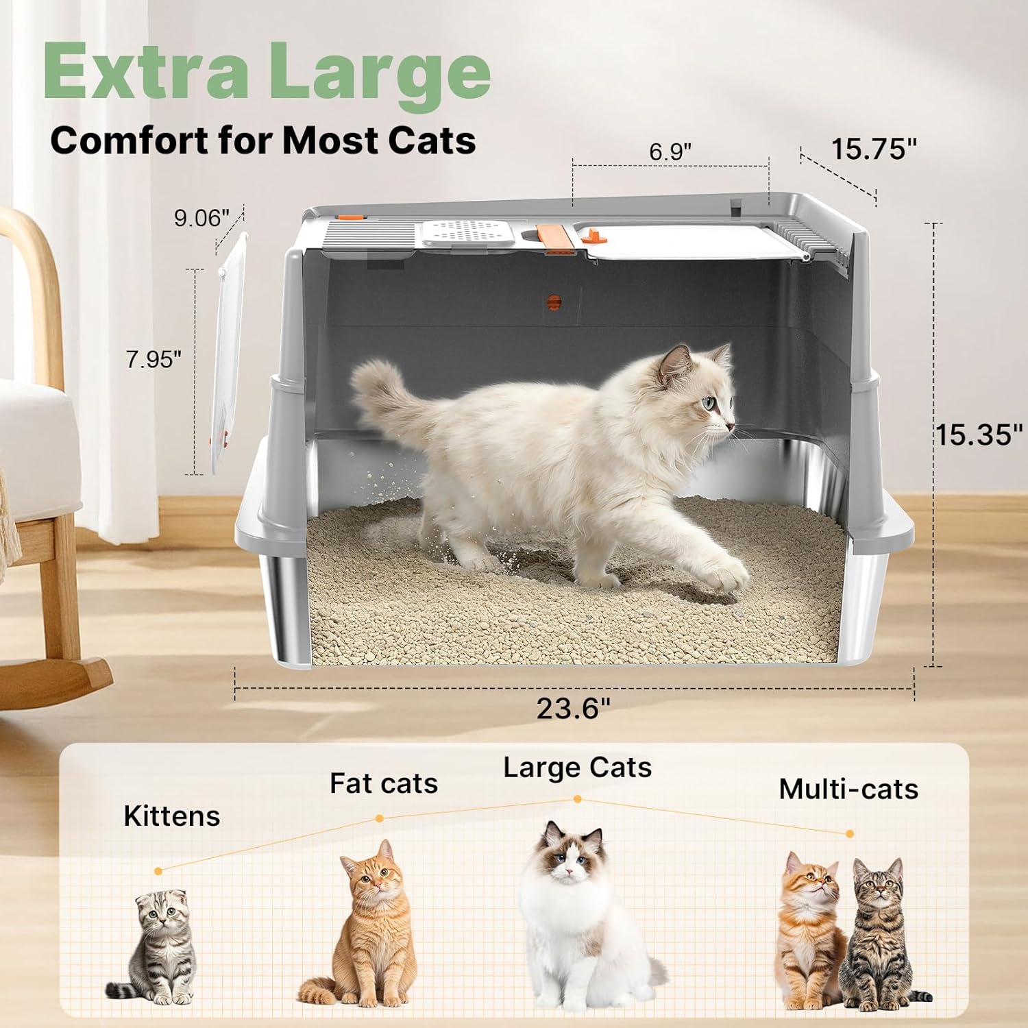 Stainless Steel Litter Box with Flip Lid, XL Extra Large Cat Litter Box with High Sided Top Entry Design, Anti-Leakage Enclosed Metal Litterbox for Big Cats, with Handle, Mat, Pedal & Scoop Light Grey