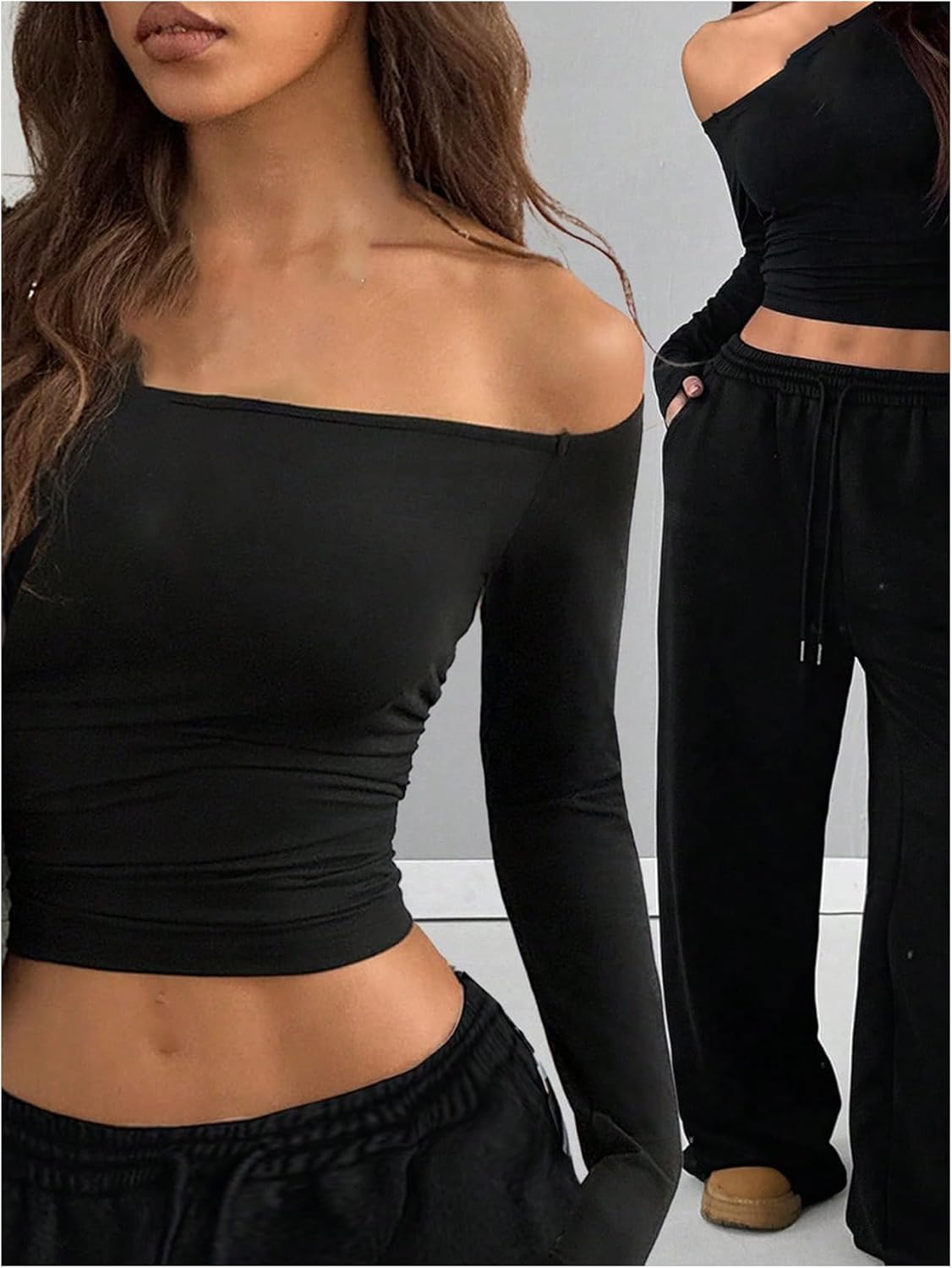 OYOANGLE Women's 2 Piece Set Long Sleeve Off the Shoulder Crop Top and Wide Leg Sweatpants Going Out Outfits - Image 5