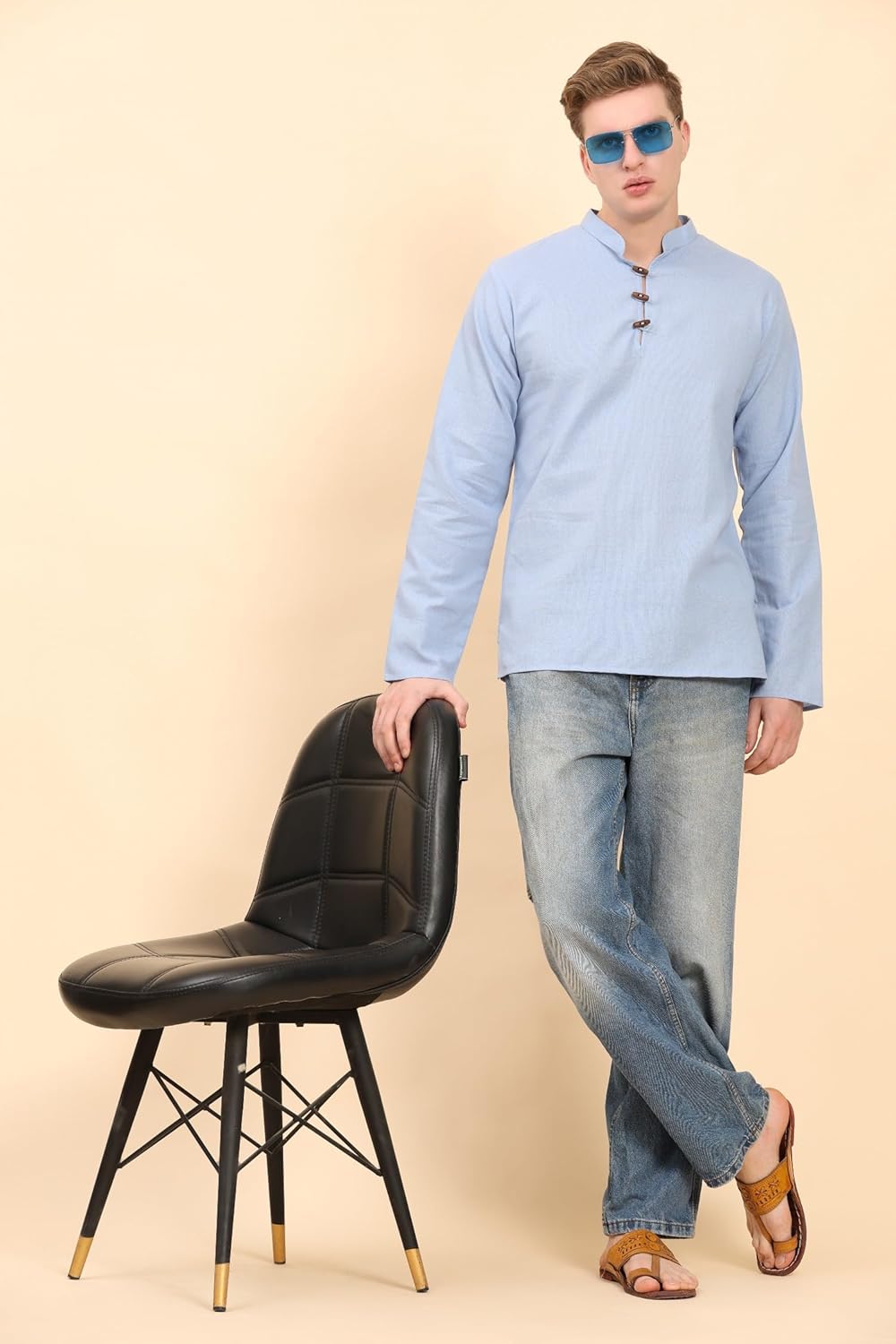 SKAVIJ Men's Cotton Linen Solid Kurta Long Sleeves Straight Regular Casual Shirt