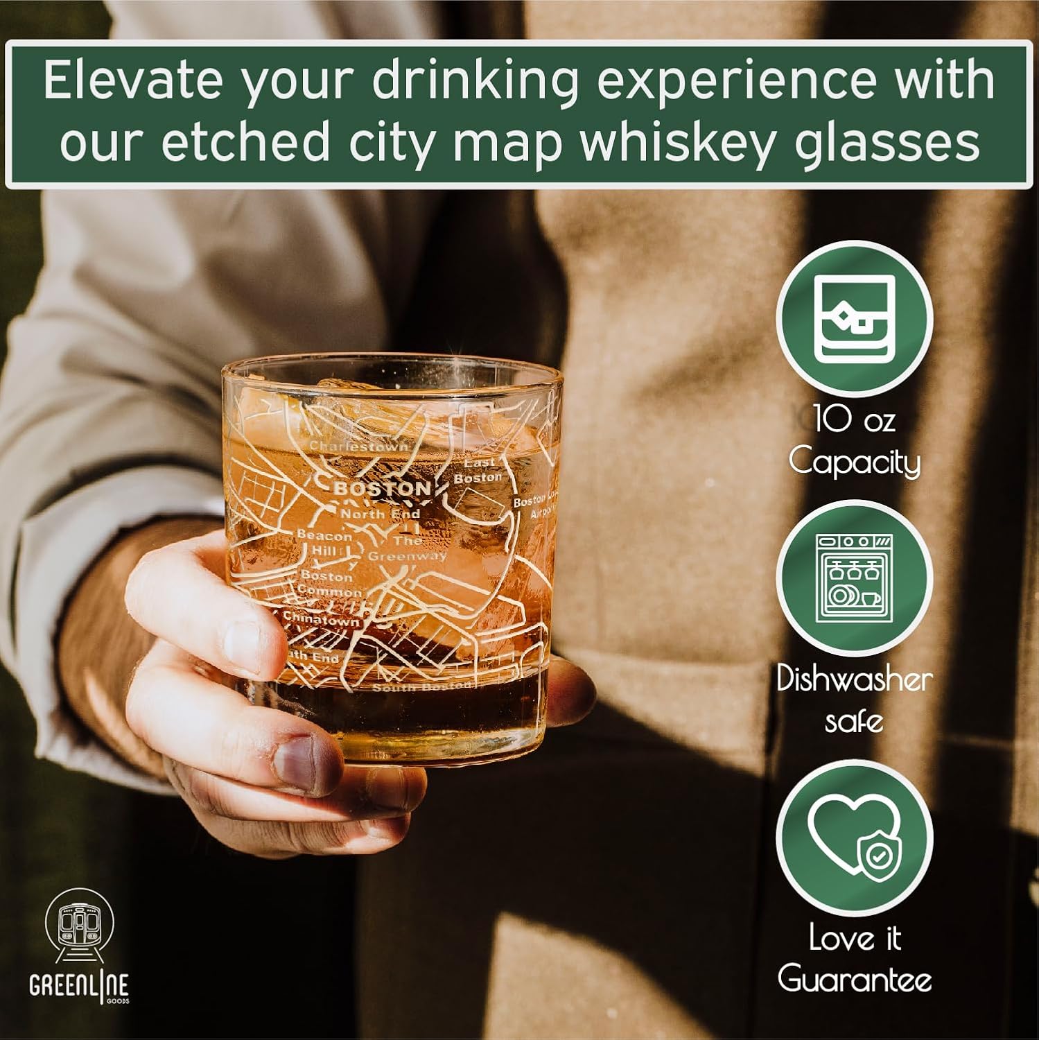 Greenline Goods Whiskey Glasses - 10 Oz Tumbler Gift Set for Boston lovers, Etched with Boston Map | Old Fashioned Rocks Glass - Set of 2