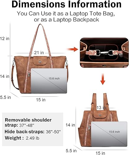 Miniatura 4 de FADEON Bolsa grande para computadora portátil para mujer, bolso de cuero de diseñador para laptop, mochila de viaje de moda, bolso de hombro