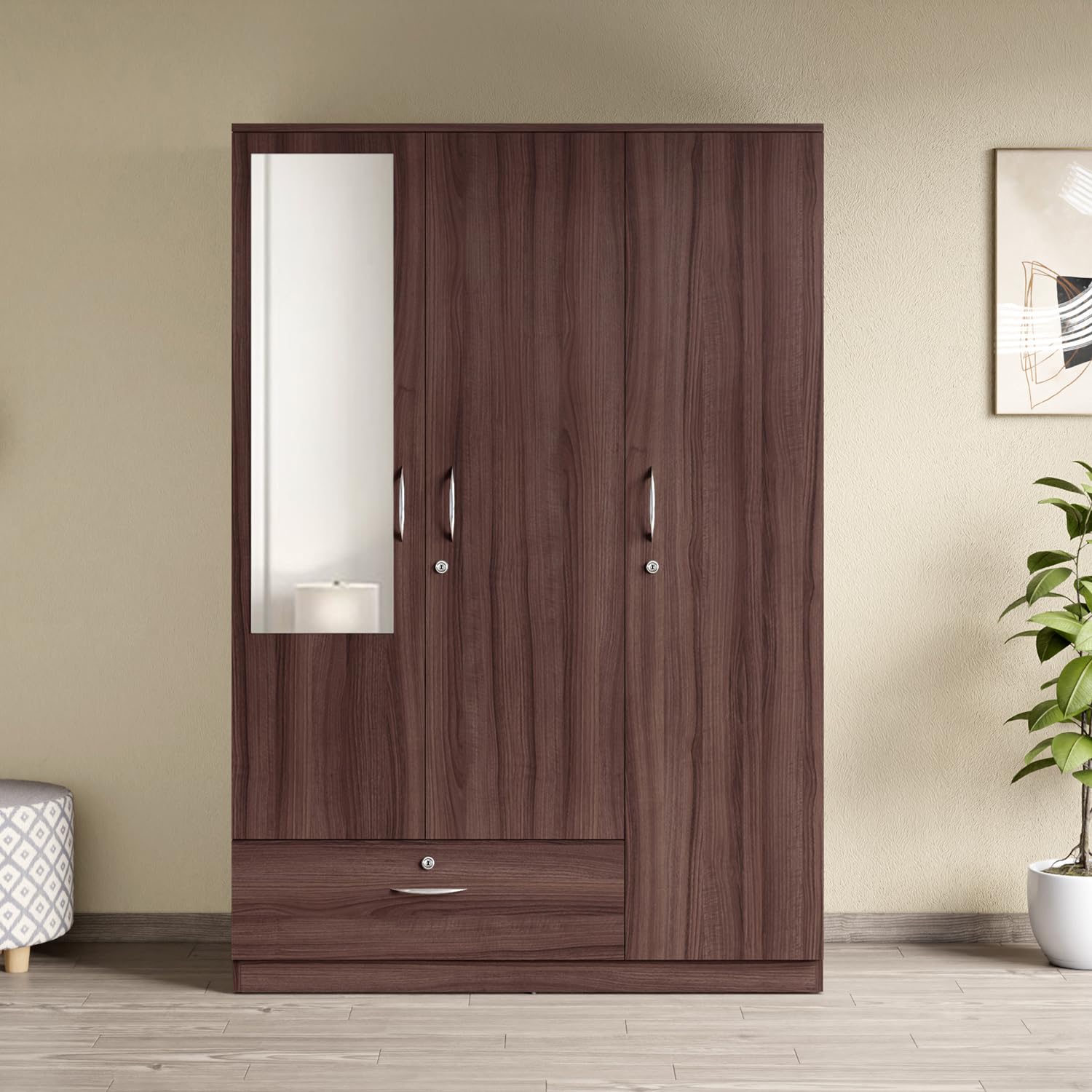 Interio by Godrej Wardrobe, EWA 3-Door Engineered Wood Wardrobe with Mirror