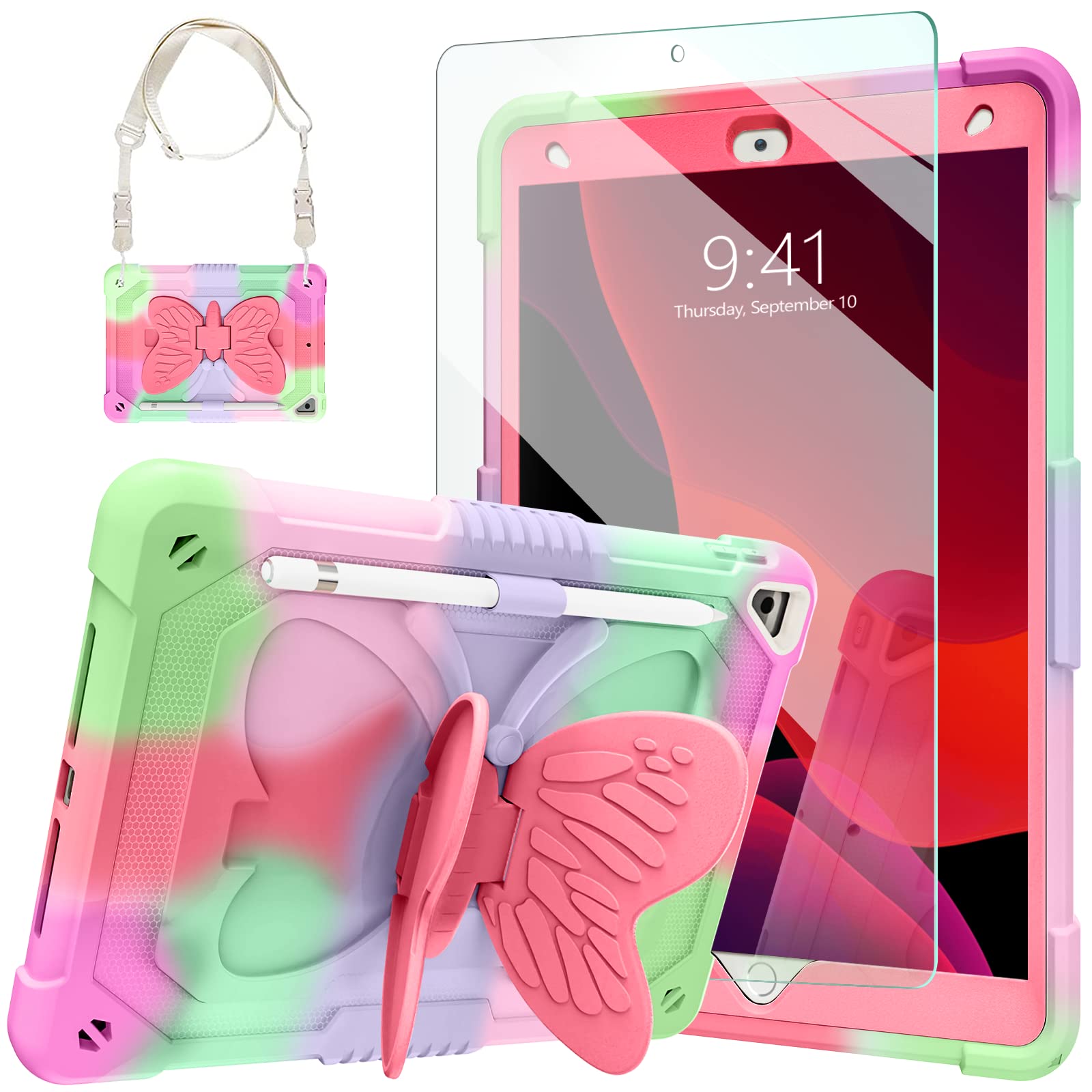 iPad 10.2 Case for Kids Girls, iPad 9th/8th/7th Generation Case with Tempered Glass Screen Protector&Shoulder Strap| Ambison Rugged Protective Cute Case for iPad 10.2 inch 2021/2020/2019(Rose Red)