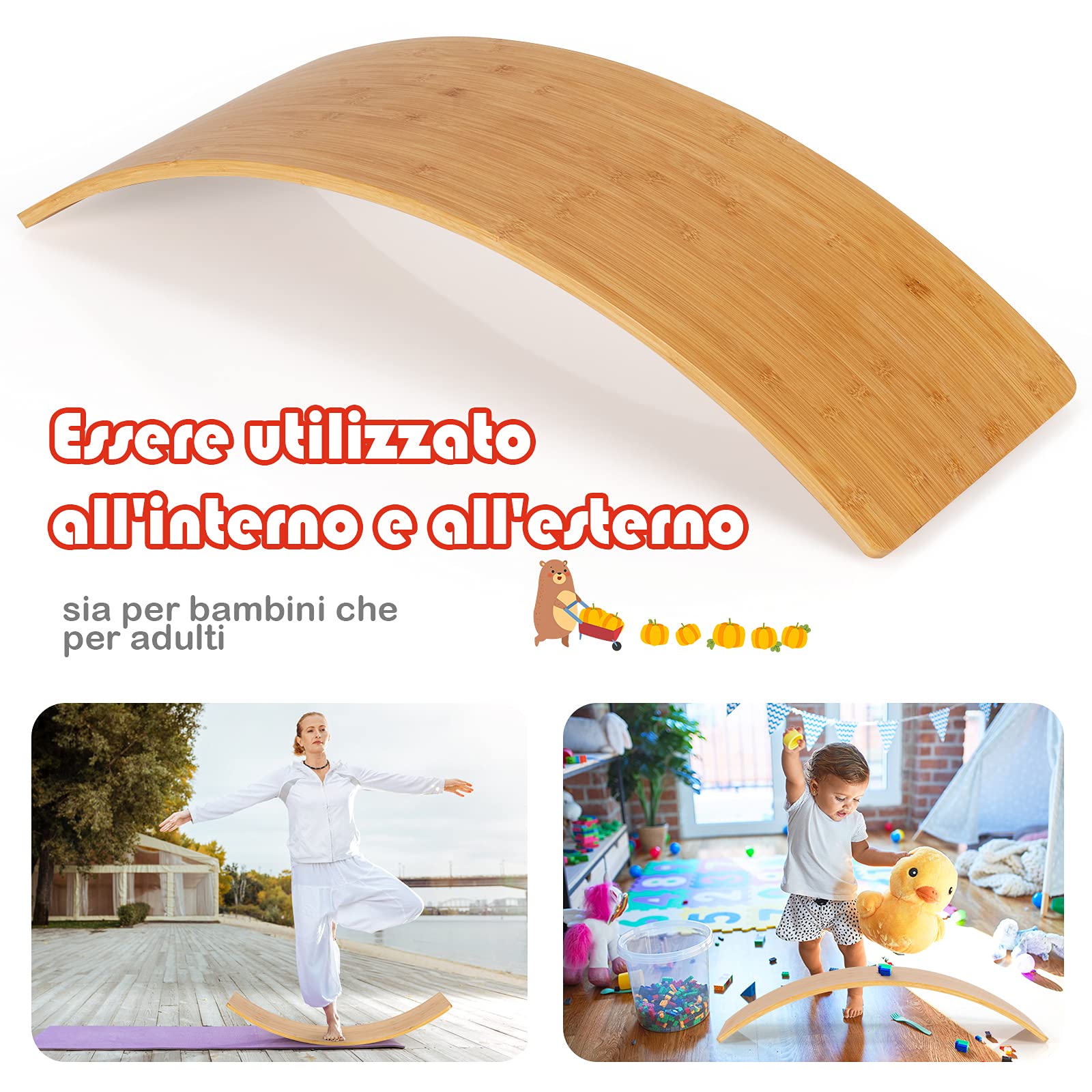 COSTWAY Balance Board di Legno, Pedana di Equilibrio, Tavola Curva per Yoga, Tavola Oscillante Naturala per Bambini e Adulti
