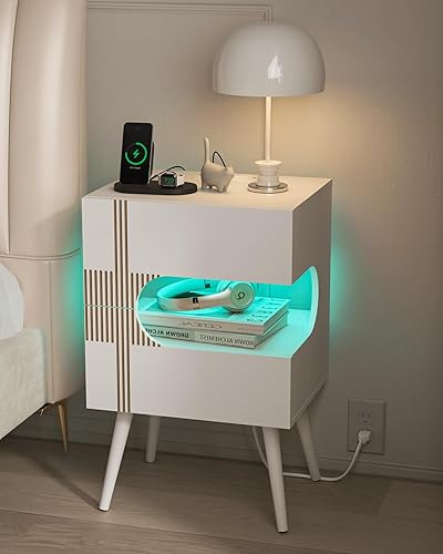 Miniatura 9 de Mesita de noche blanca con estación de carga y luces LED, moderna mesita de noche con 2 cajones de almacenamiento, mesita de noche con patas de