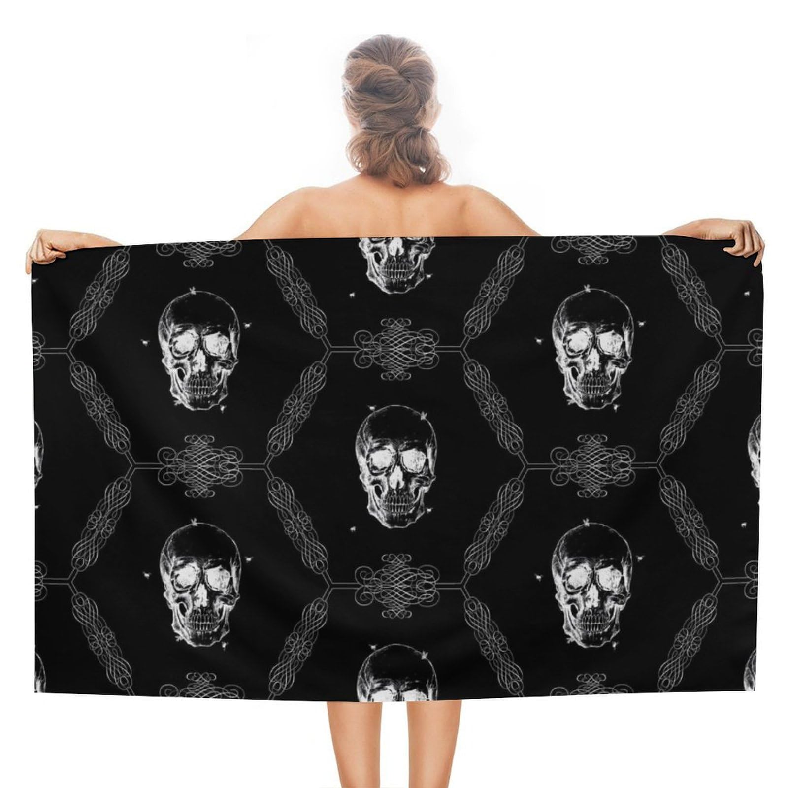 LEDFCVSU Beach Towel, Black Scary Skull Bath Towel, Absorbent Towel for Swimming, Sports, Travel