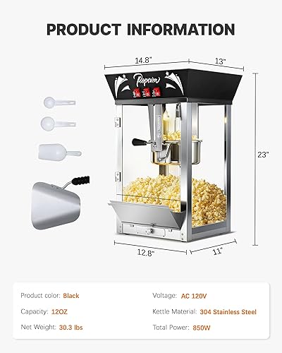 Miniatura 8 de Máquina comercial de palomitas de maíz de 12 onzas, 850 W, máquina de palomitas de maíz de cine, máquina de palomitas de maíz de mesa negra con