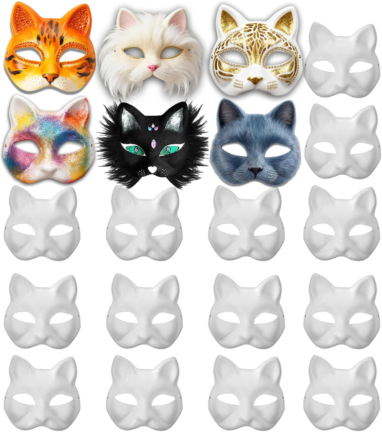 14pcs White Cat Masquerade Mask DIY Paper Cat Masks Half Face Mardi Gras Terrier Animal Fox Halloween Costume Cosplay Party Masks Painting Blank Craft Masks