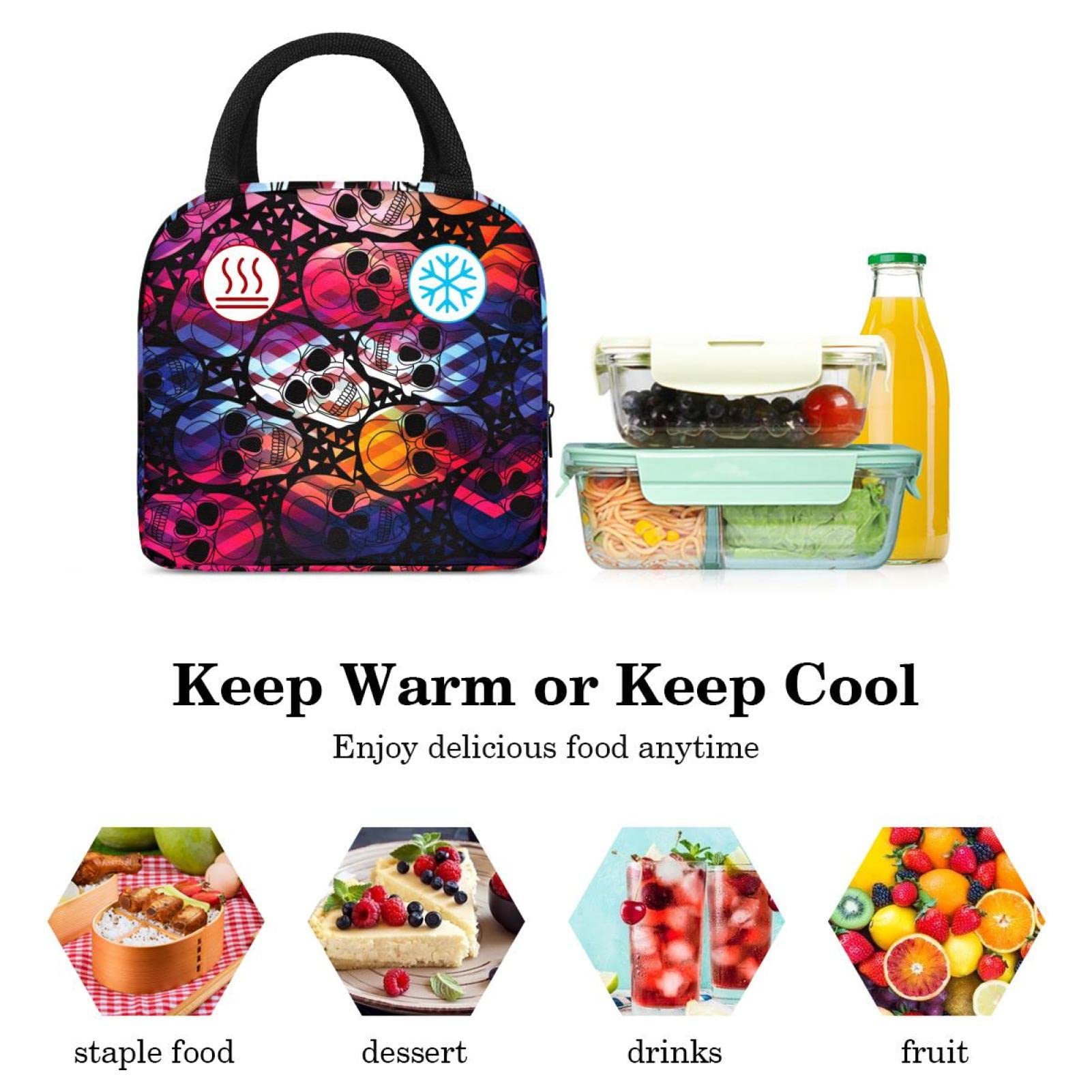 Borsa Pranzo Termica Con Teschio - Lunch Box Isolata Da 28x16x17 Cm In Tessuto Oxford, Per Lavoro E Picnic, Capiente E Portatile