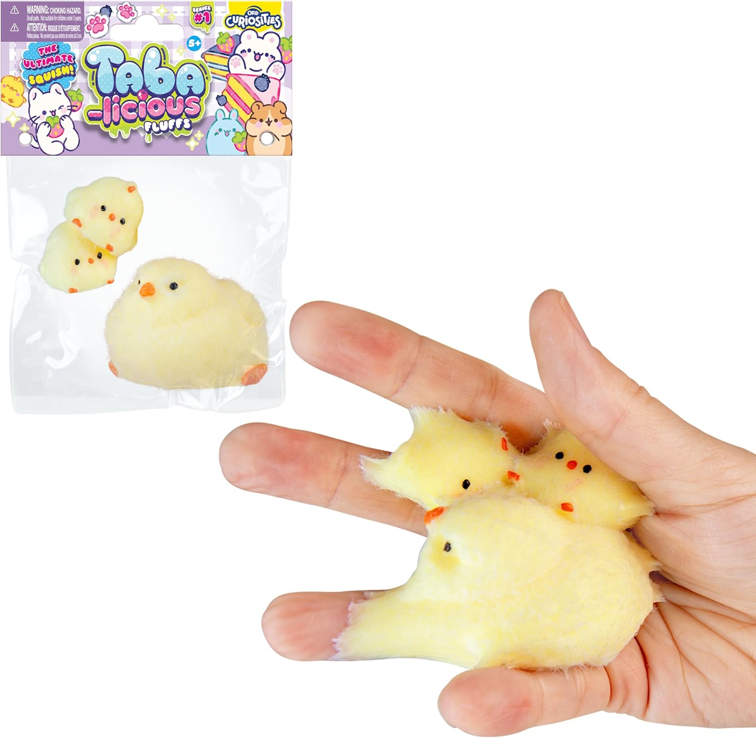 ORB Tabalicious Fluffs TABA Squishy Chick Family Set (Yellow) - 3 Squishy Chicks with Flocking - Soft, Sticky, TABA Squishies - Fun Stress Relief - Kawaii Sensory and Fidget Toys Kids and Adults